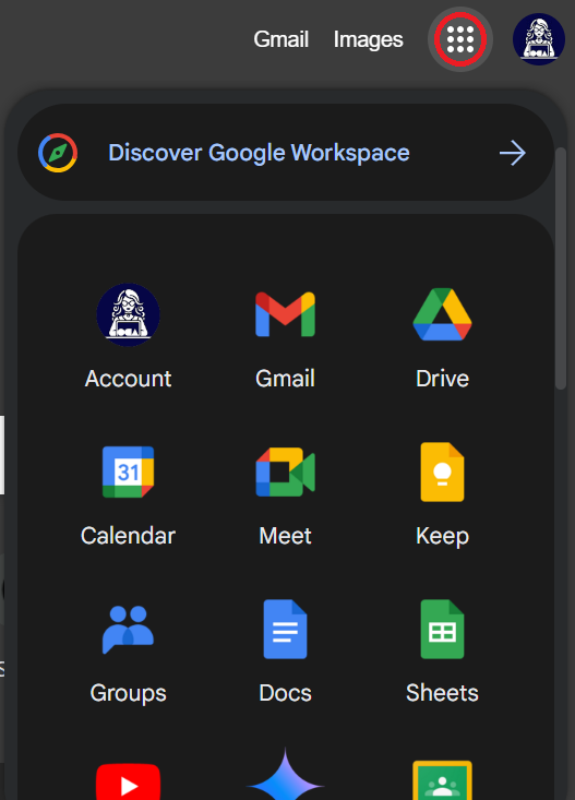 Screenshot of Google applications tray.