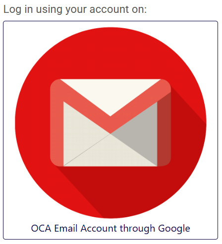 A red circle with an envelope icon in the center, text below reads: OCA Email Account through Google.